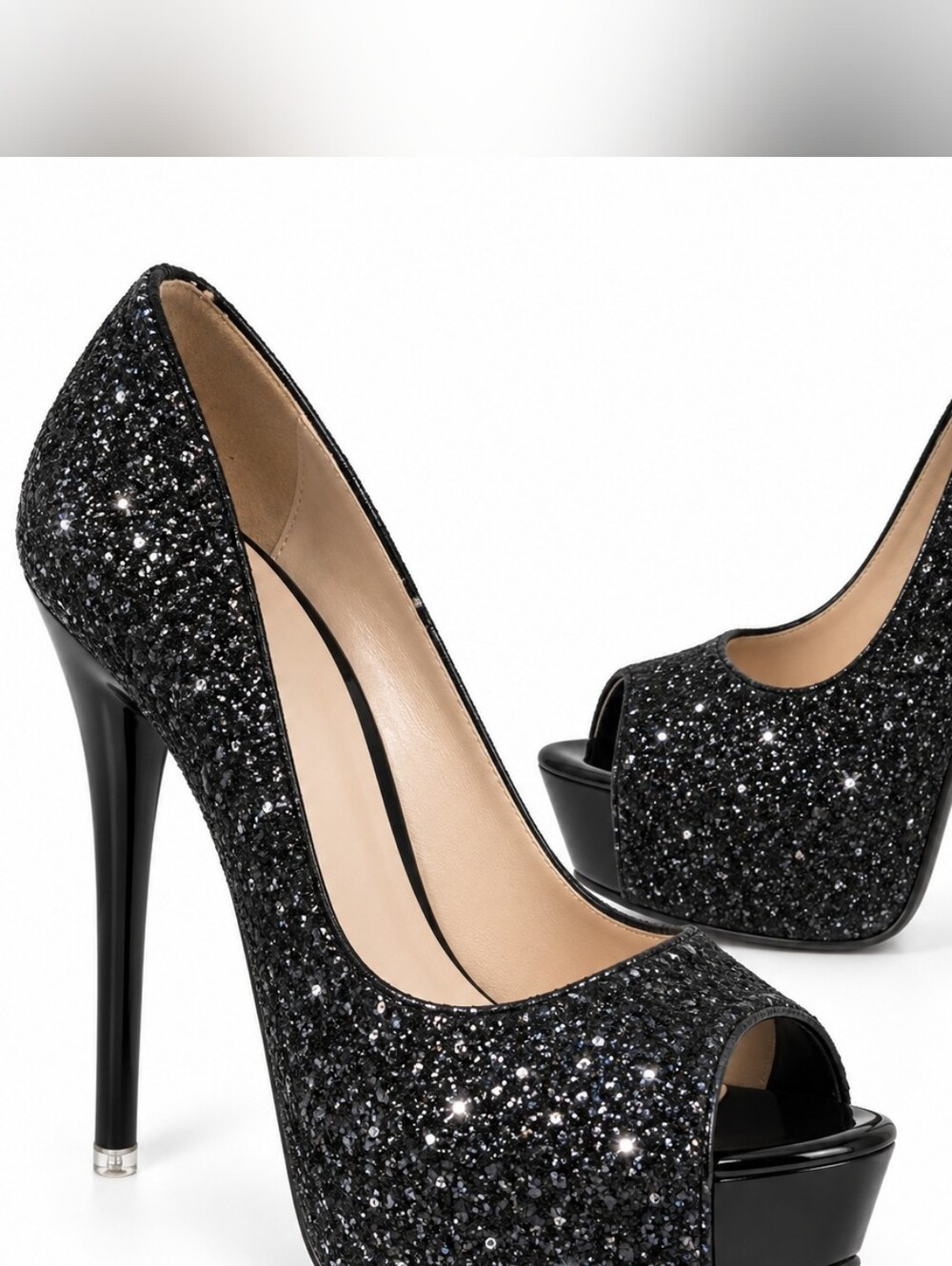 Black Glitter Peep-Toe Platform Pumps